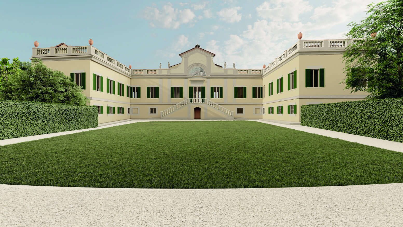 An architect's rendering of the restored courtyard façade: the horseshoe plan enclosing a great lawn, the double staircase rising to the central door beneath the tympanum.