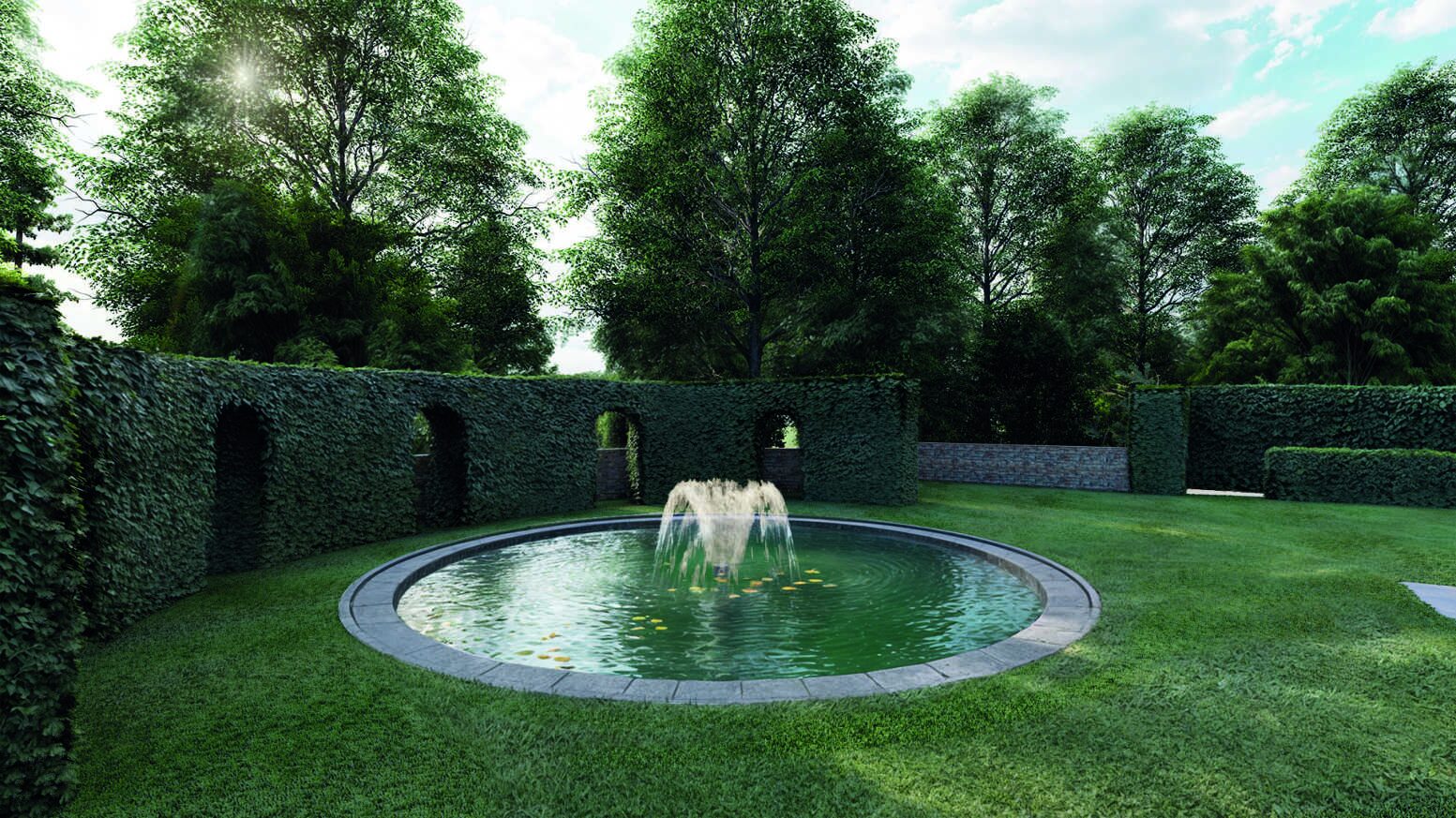 An architect's rendering of a round fountain playing at the centre of a lawn, enclosed by a curved hedge wall pierced with arched niches.