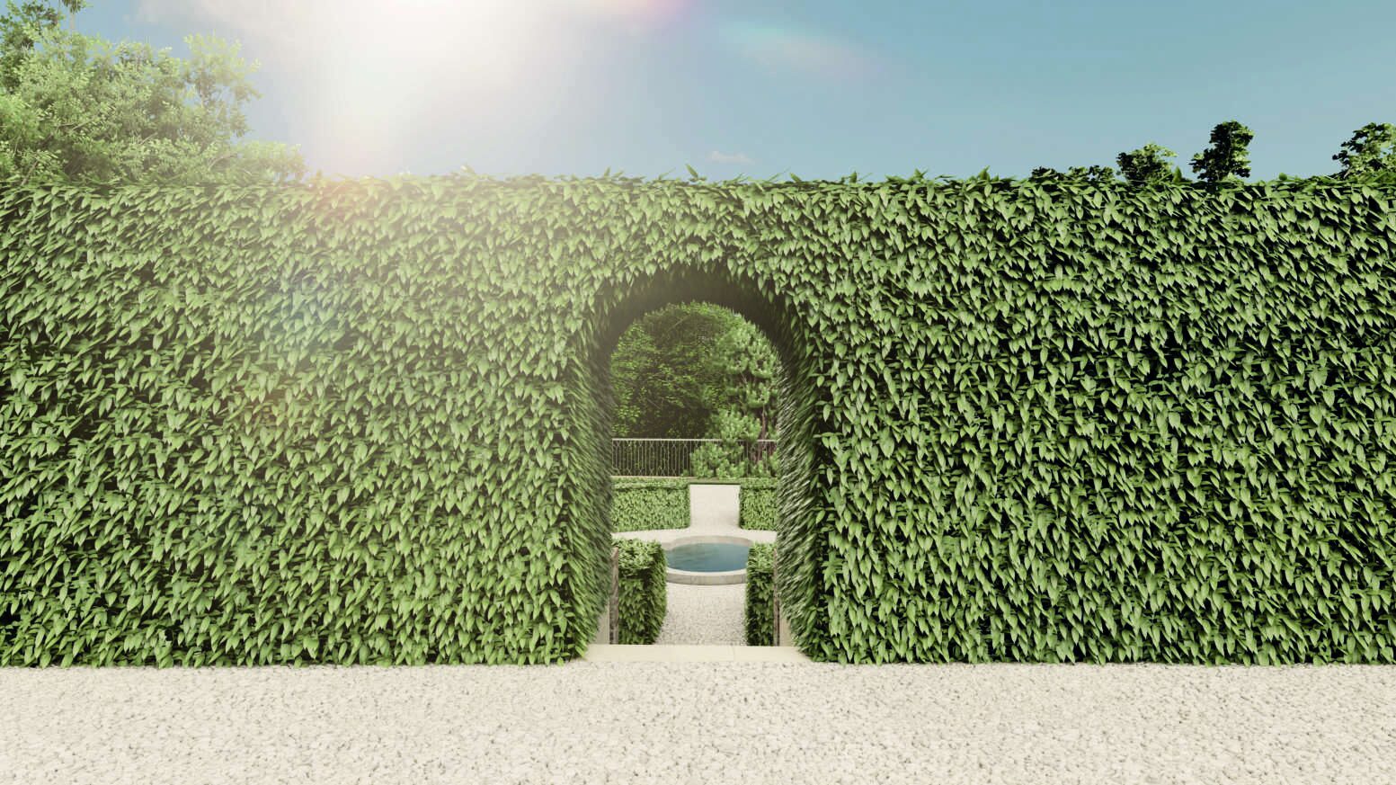 An architect's rendering of an arched opening cut through a tall hedge wall, framing a small fountain garden beyond.