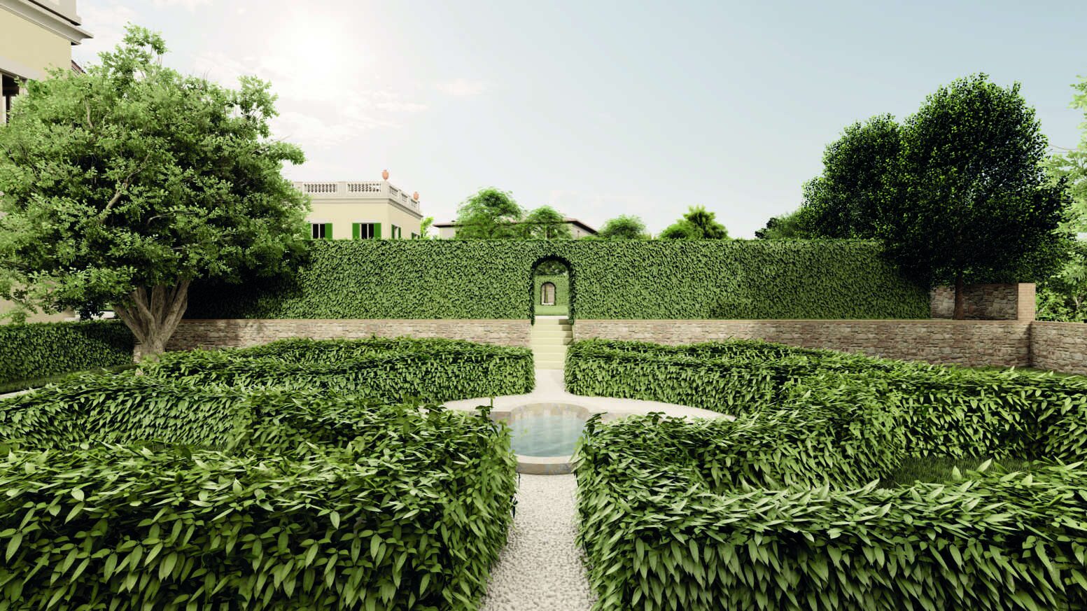 An architect's rendering of the formal Italian garden: clipped hedge parterres around a small quatrefoil pool, with the villa's balustrade rising beyond the garden wall.