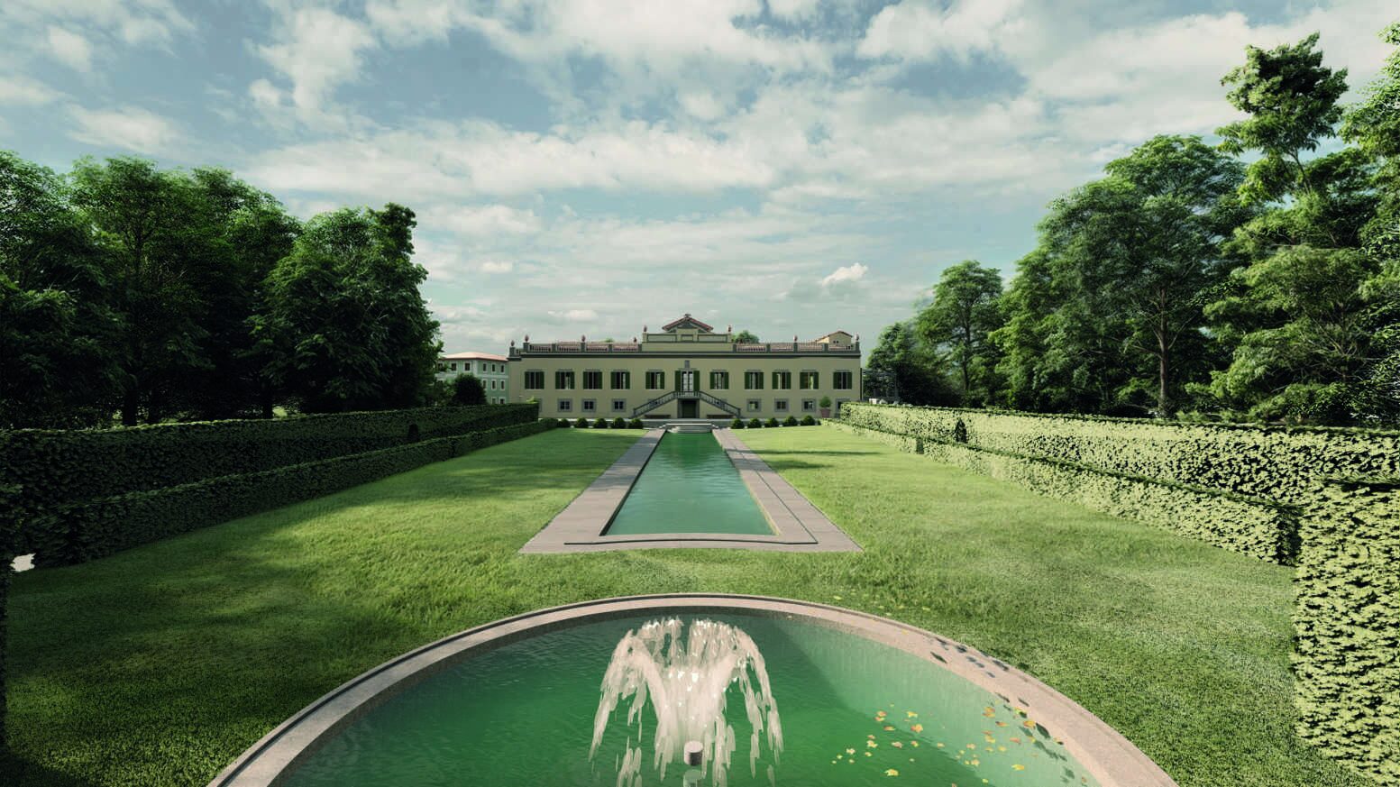 An architect's rendering of the restored villa seen from the far end of the long reflecting pool: a round fountain in the foreground, the pool running between hedged lawns toward the yellow façade with its double staircase.
