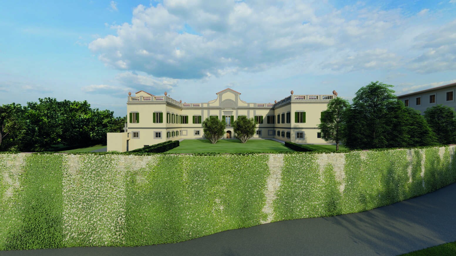 An architect's rendering of the villa in its present state, seen from the lane over the ivy-covered boundary wall, its façade plain and the forecourt still unterraced.