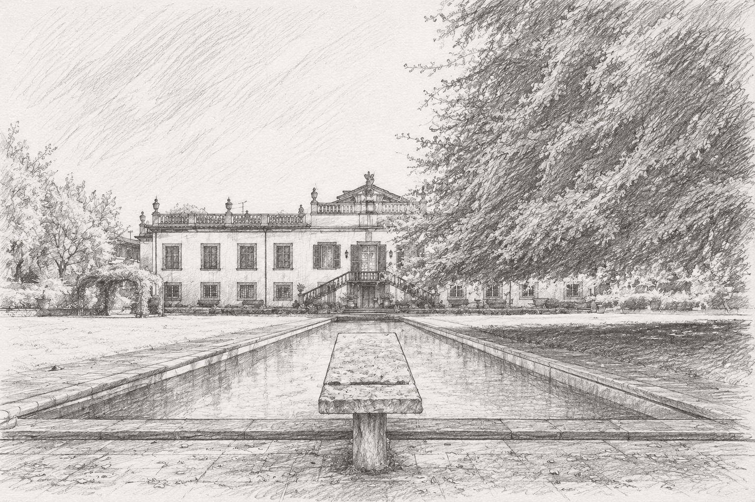 A graphite pencil drawing of Villa Paolina Bonaparte's south façade: a horseshoe-plan villa crowned by a tympanum and imperial eagle, a balustrade of urns along the roofline, a double staircase rising to the central door, and a long reflecting pool with a stone bench in the foreground, framed by a great tree.